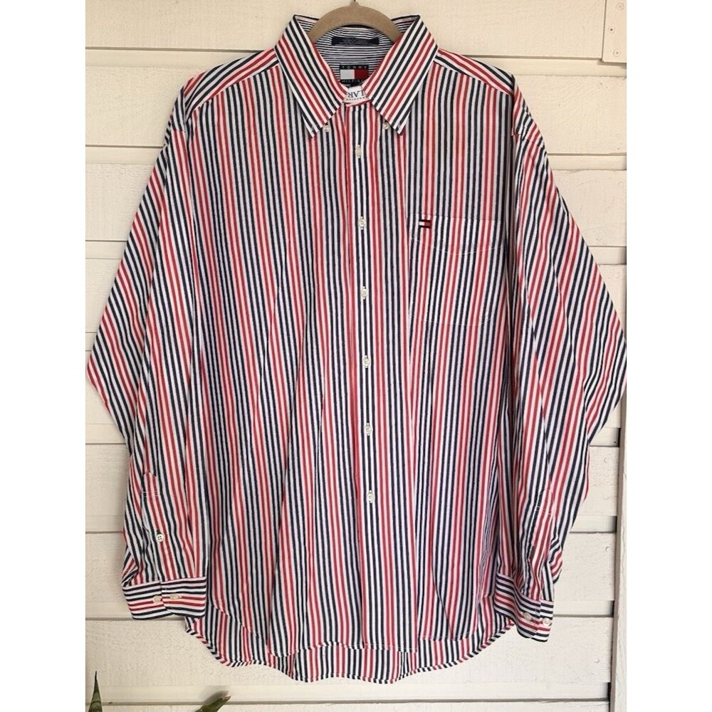 Tommy Hilfiger Cotton Button Down Shirt Retro 90's Vintage Y2K red and blue XL